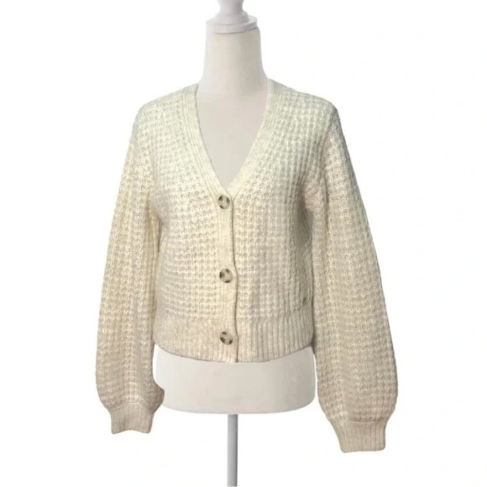 Abercrombie & Fitch Ivory Bubble Sleeve V-Neck Button Up Knit Sweater Medium
